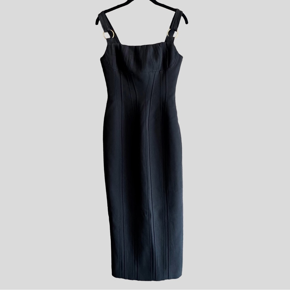 Rachel Gilbert Abiba Black Fitted Midi Dress Gown Size 4 Formal Black Tie
